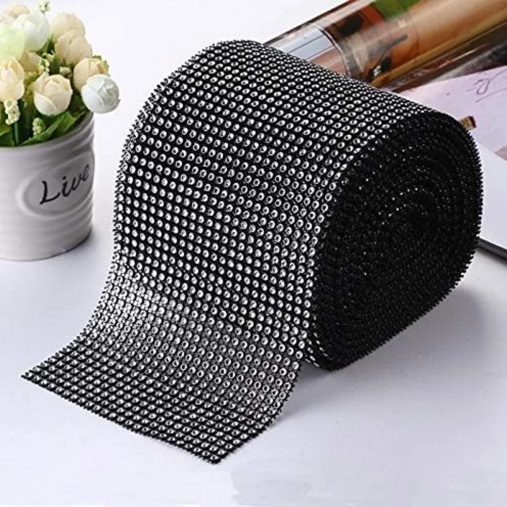 1 Yard Faux Rhinestone Crystal Black Mesh Ribbon Roll